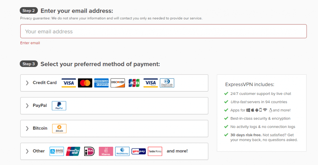 ExpressVPN enter email and payment method