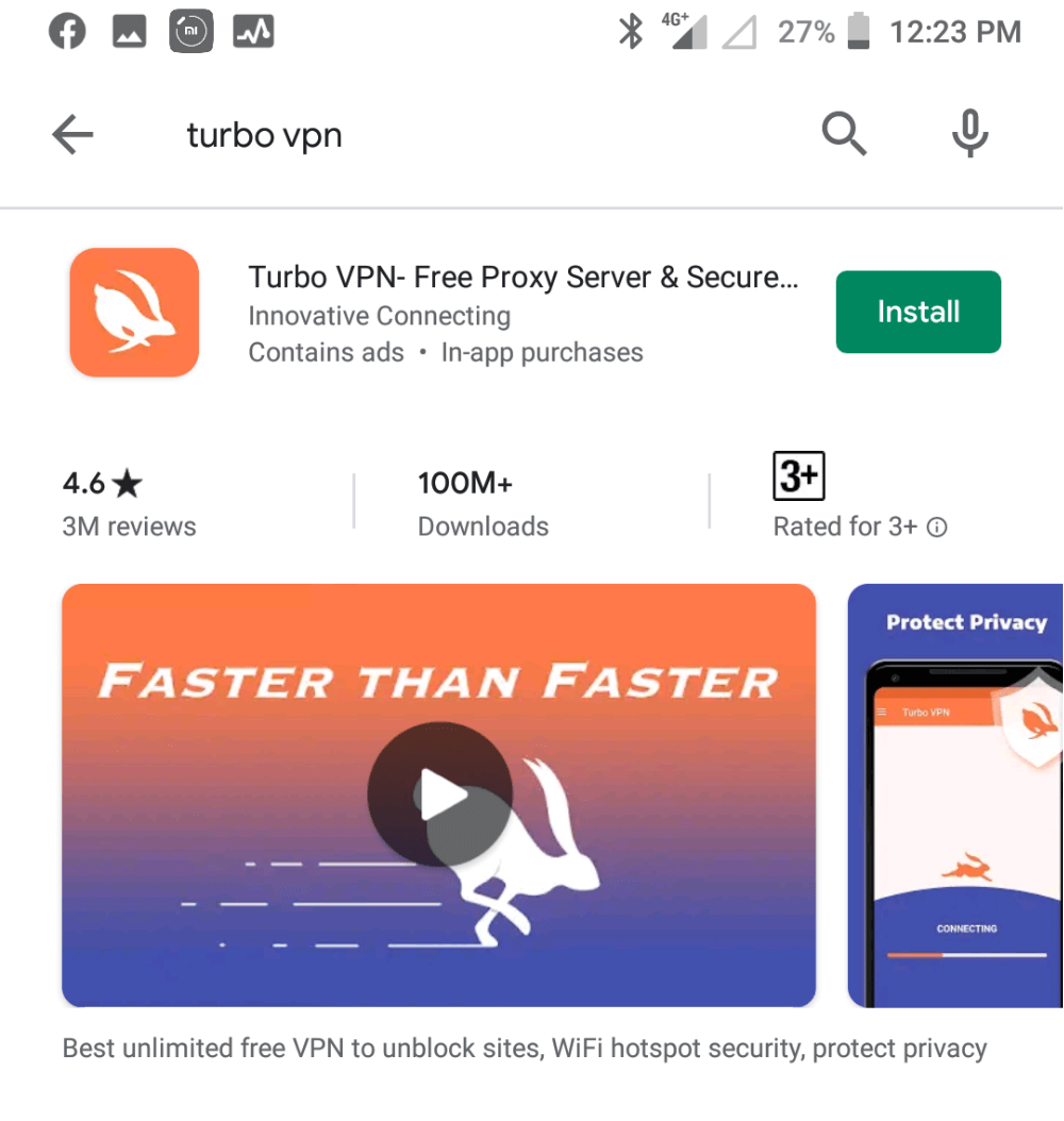 select turbo vpn in play store and download turbo vpn
