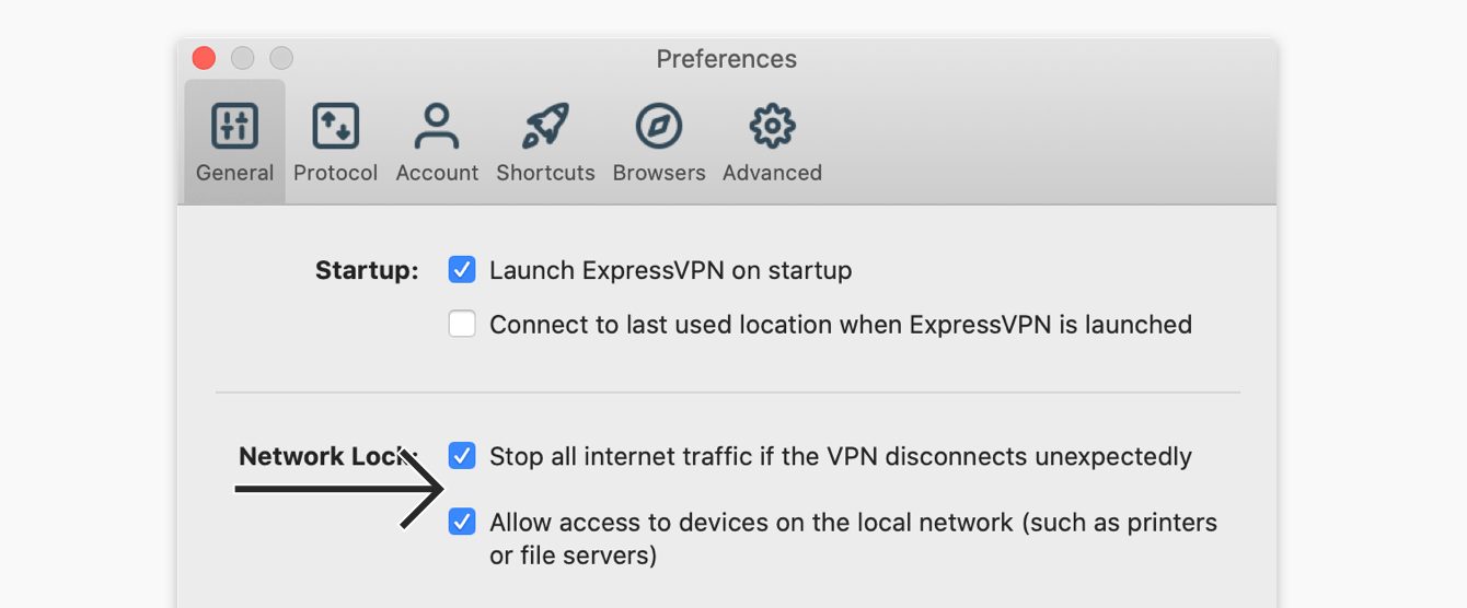 expressvpn-mac-10-preferences-general-check-stop-all-internet-traffic-allow-access-to-devices ExpressVPN settings