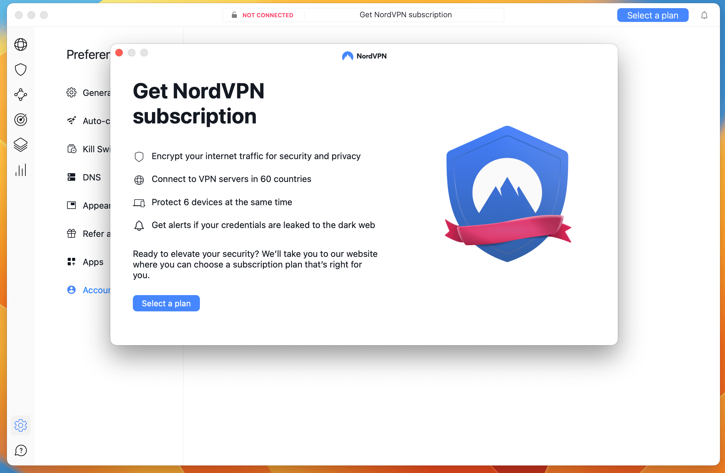 NordVPN Subscription pop-up